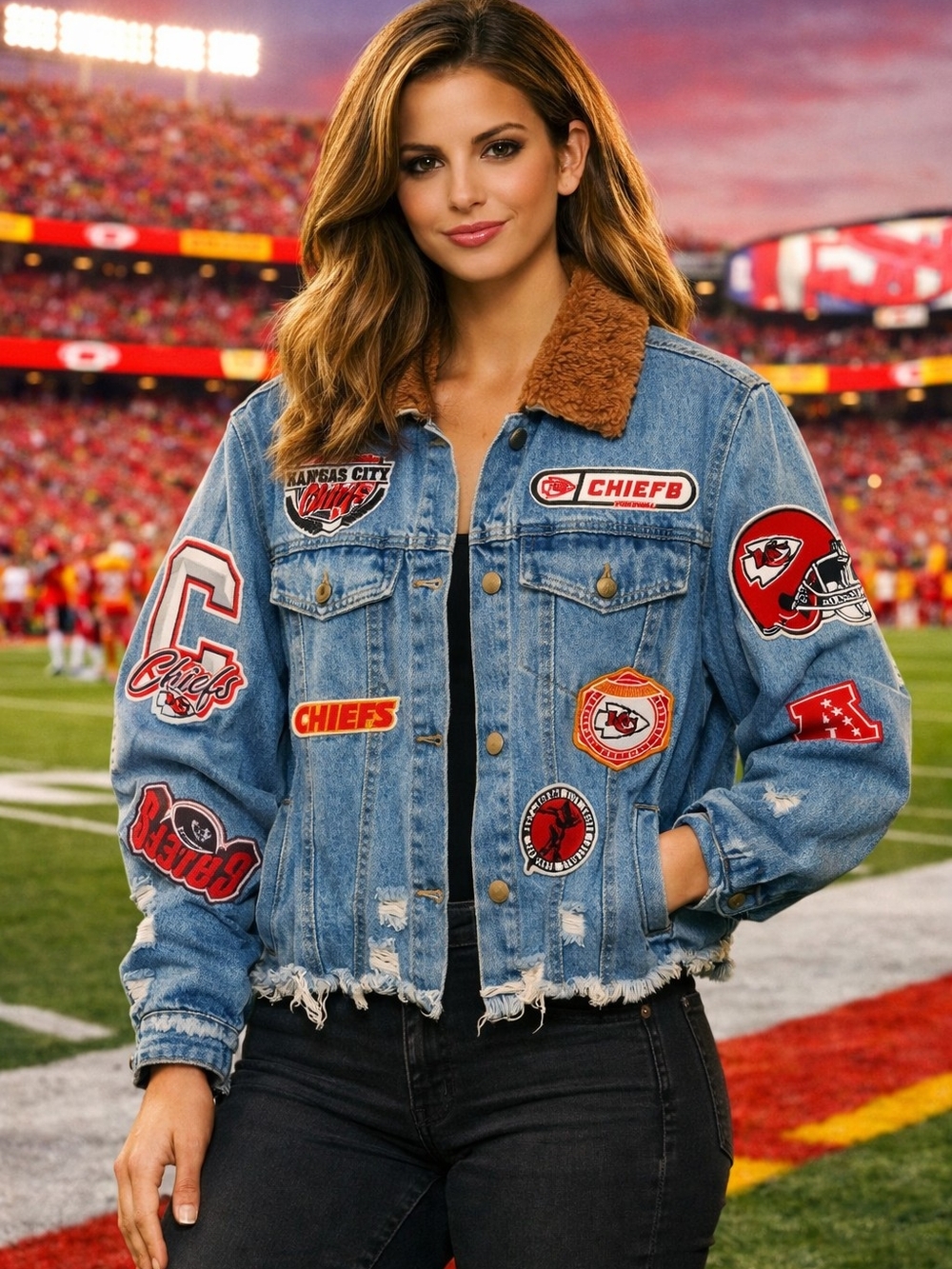 NFL Kansas City Chiefs Denim Jacket with Tan Sherpa Collar and Team Patches. NWT